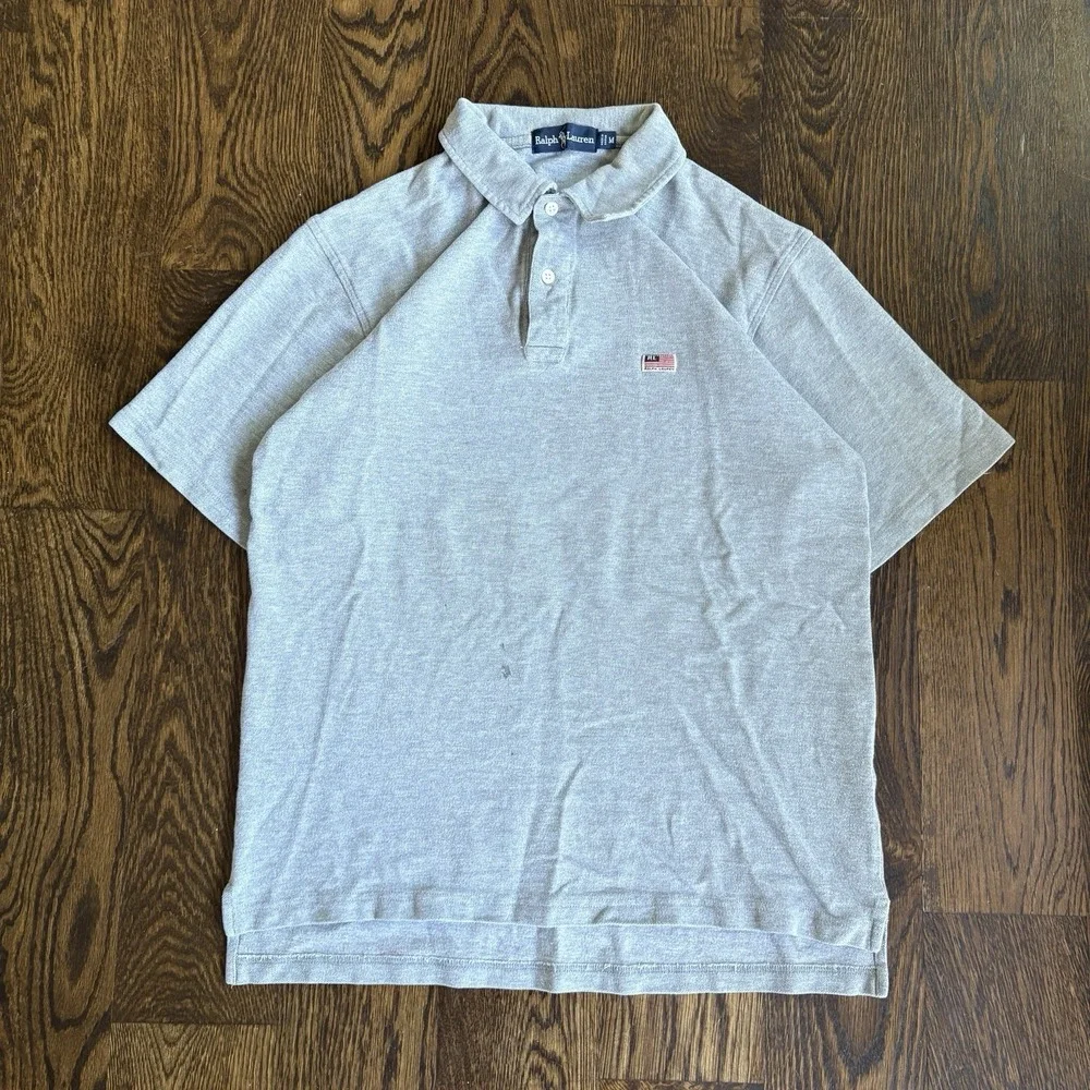 Vtg 90s Ralph Lauren USA Flag Patch Polo Shirt Mens M Gray Short Sleeve Heavy